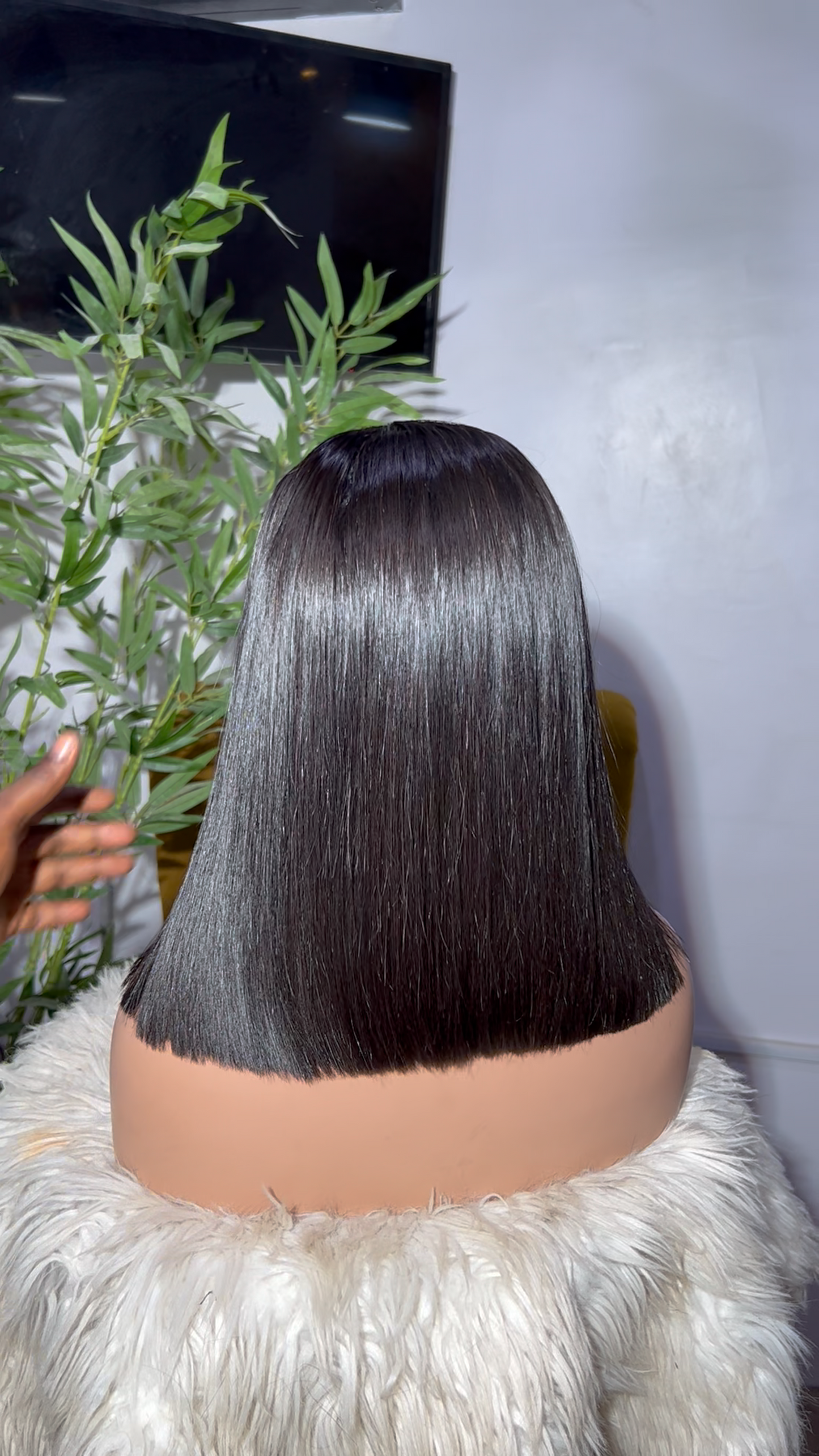 Glossy Black Sleek Cut Human Hair Glueless Wig